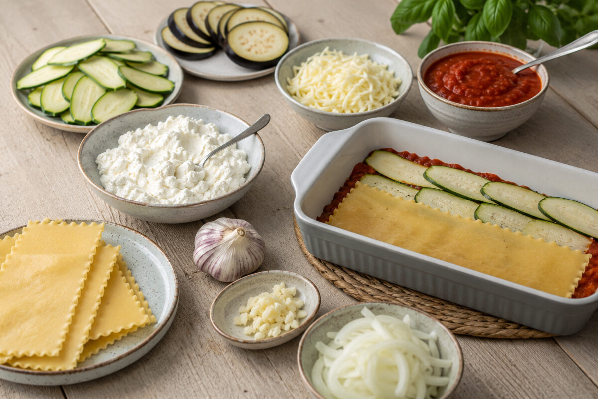 Zutaten- und Vorbereitungsansicht mit Lasagneblättern, Zucchini, Aubergine, Ricotta, geriebenem Mozzarella, Tomatensauce, Zwiebel und Knoblauch; eine helle Auflaufform wird bereits geschichtet.