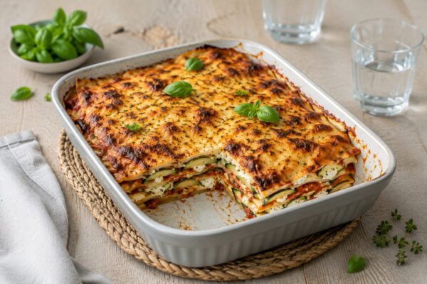 Fertige goldbraun überbackene Gemüse-Lasagne in einer hellen rechteckigen Auflaufform, angeschnitten mit sichtbaren Schichten aus Zucchini, Ricotta, Tomatensauce und Lasagneblättern.
