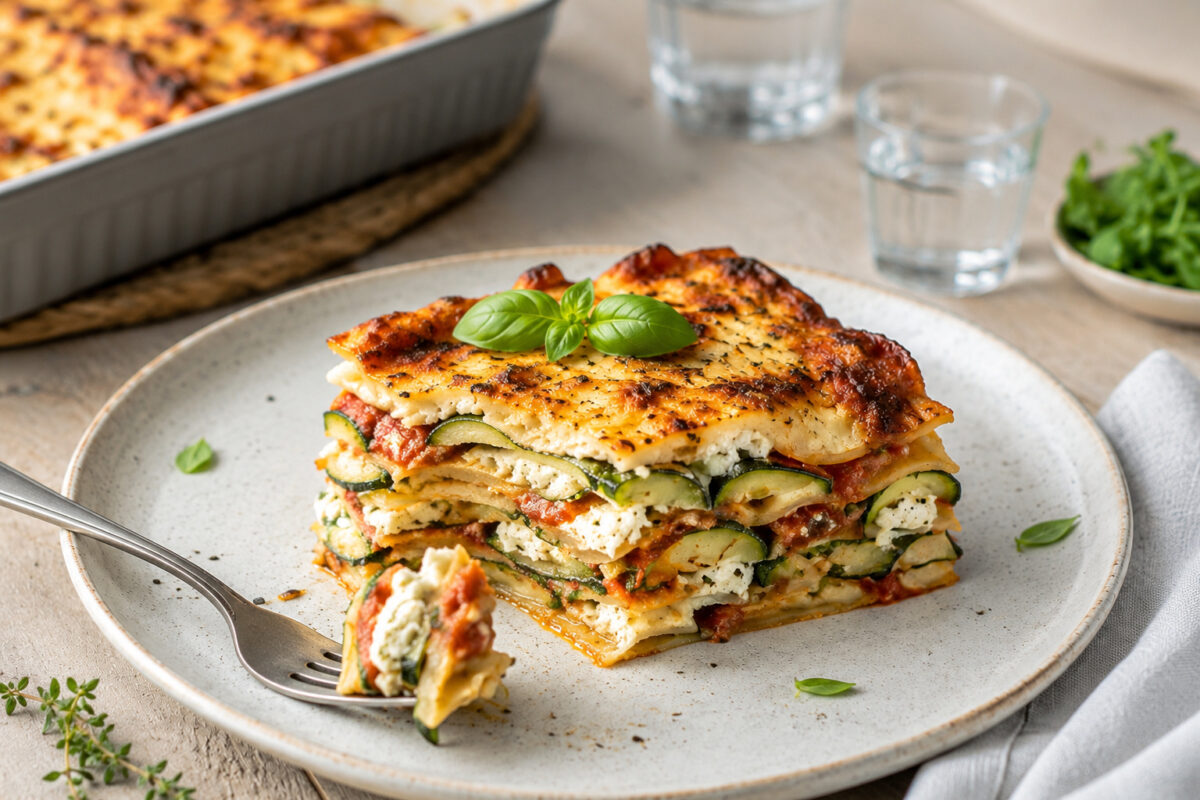 Servierszene mit einem einzelnen Stück Gemüse-Lasagne auf hellem Teller; die klaren Schichten aus Zucchini, Ricotta, Tomatensauce und Lasagneblättern sind im Anschnitt sichtbar.