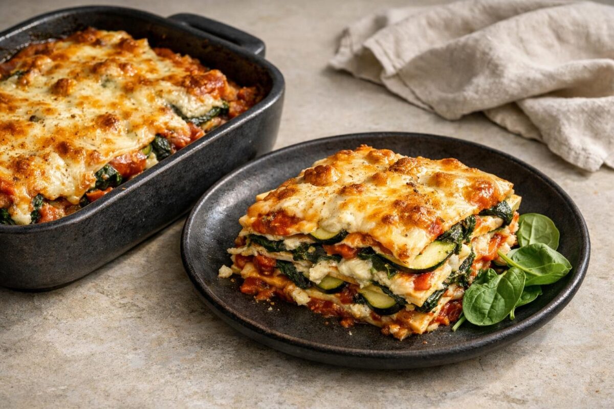 Hauptansicht des fertigen Gerichts. Rezept: Gemüse-Lasagne mit Spinat und Zucchini