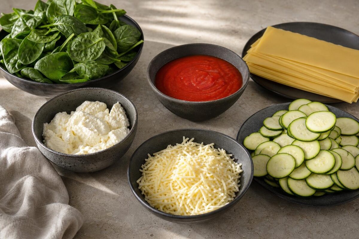 Zutaten- und Vorbereitungsansicht. Rezept: Gemüse-Lasagne mit Spinat und Zucchini