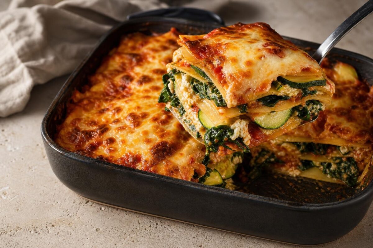 Servierszene mit dem fertigen Gericht. Rezept: Gemüse-Lasagne mit Spinat und Zucchini