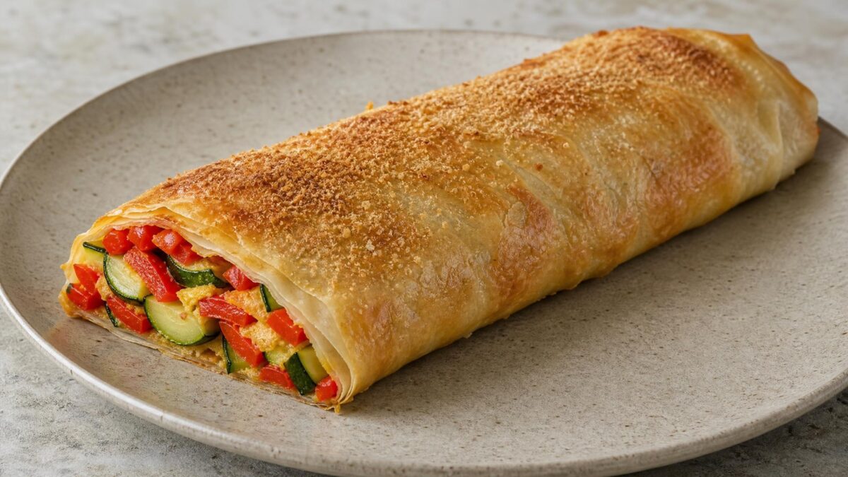 Hauptansicht des fertigen Gerichts. Rezept: Gemüse-Strudel mit Paprika und Zucchini