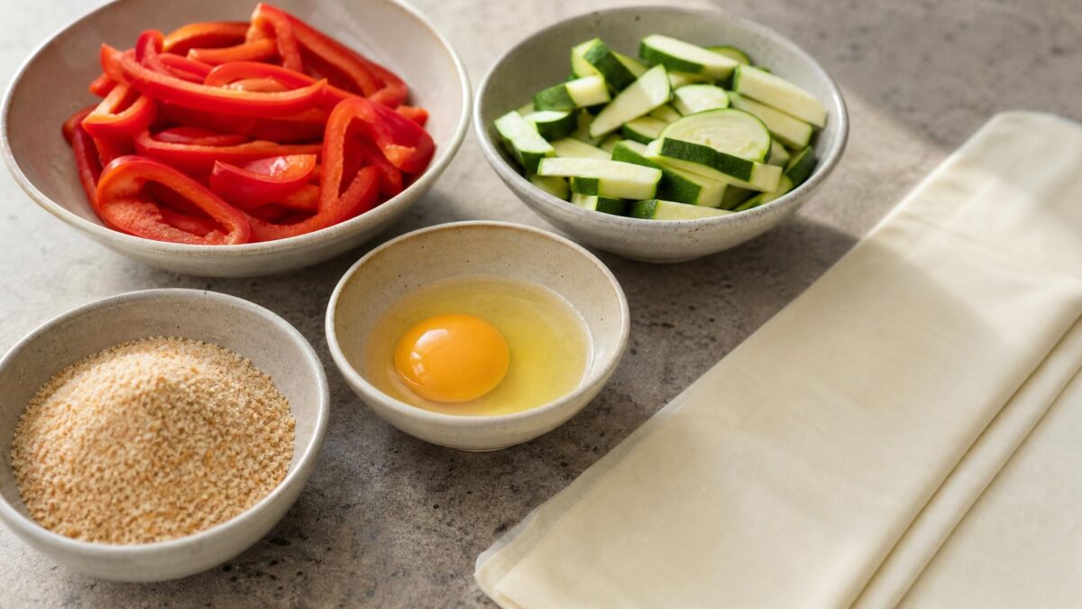 Zutaten- und Vorbereitungsansicht. Rezept: Gemüse-Strudel mit Paprika und Zucchini
