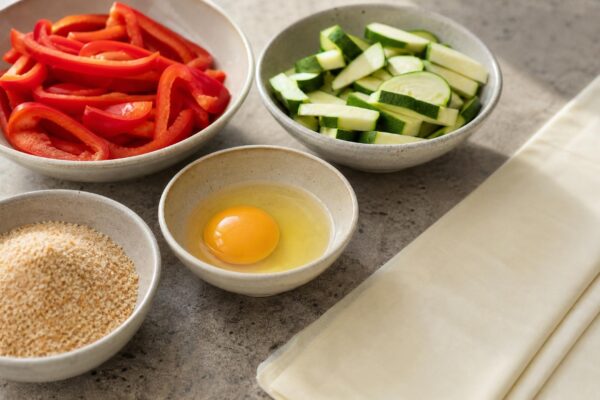Zutaten- und Vorbereitungsansicht. Rezept: Gemüse-Strudel mit Paprika und Zucchini