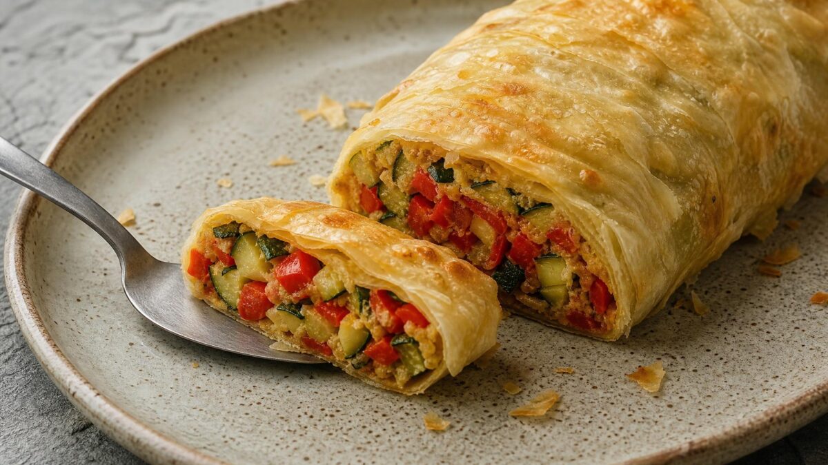 Servierszene mit dem fertigen Gericht. Rezept: Gemüse-Strudel mit Paprika und Zucchini