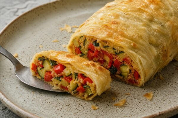 Servierszene mit dem fertigen Gericht. Rezept: Gemüse-Strudel mit Paprika und Zucchini