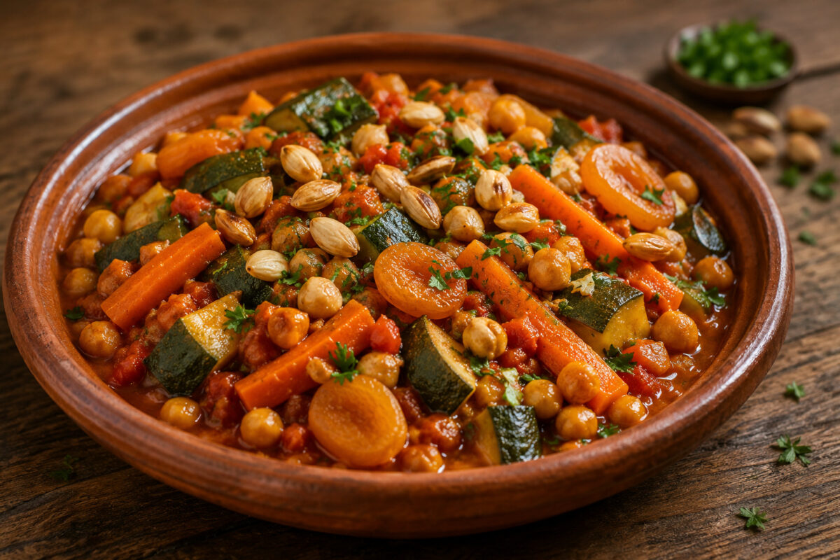 Fertige Gemüse-Tagine mit Karotten, Zucchini, Kichererbsen, Aprikosen und gerösteten Mandeln in warmer rustikaler Hauptansicht.