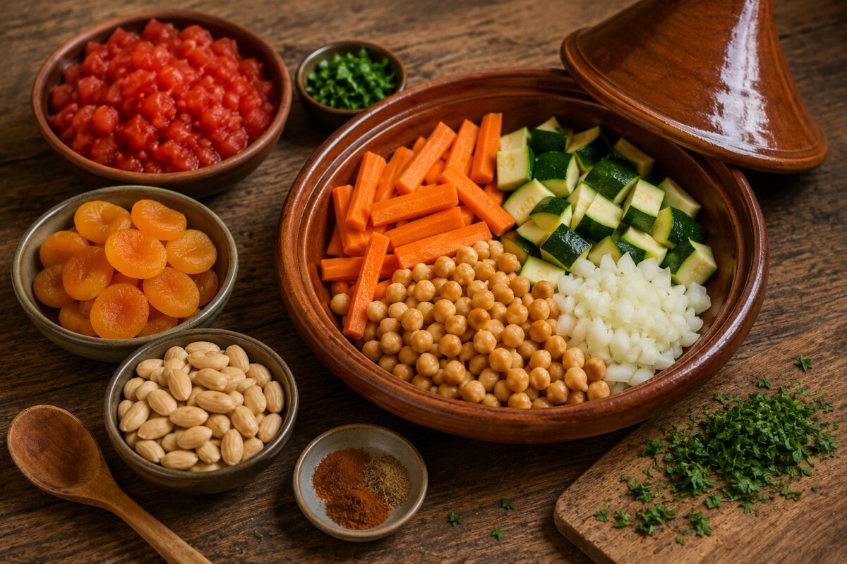 Zutaten- und Vorbereitungsansicht mit Karotten, Zucchini, Zwiebel, Kichererbsen, Aprikosen, Mandeln, Tomaten, Petersilie sowie Kreuzkümmel und Zimt.