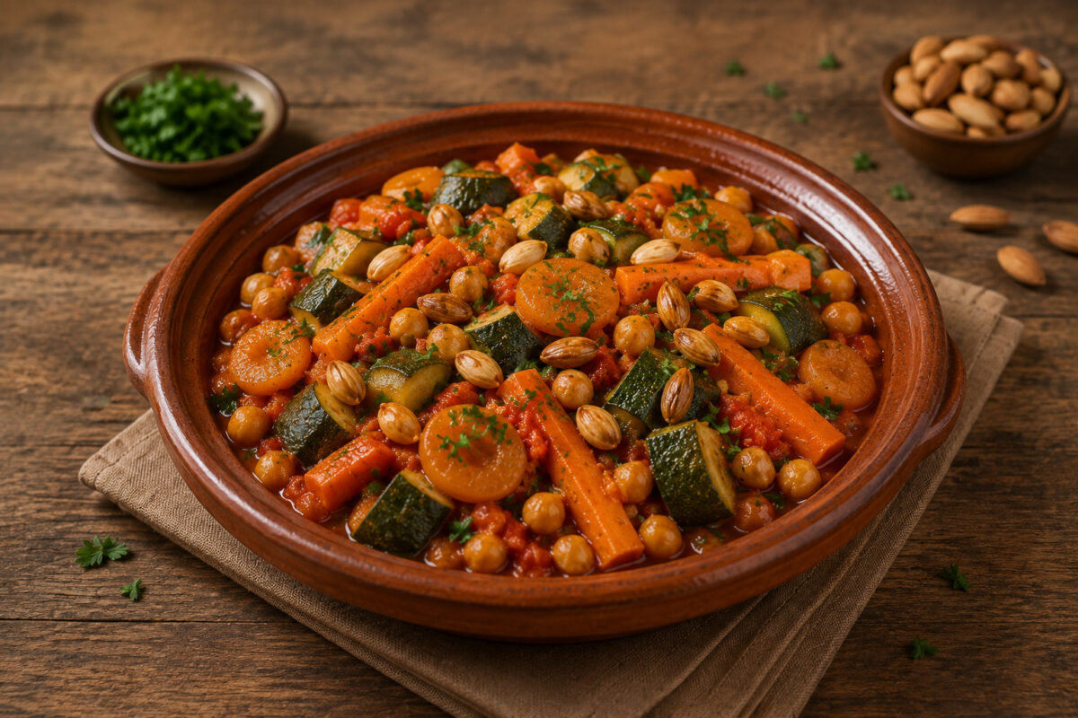 Fertige Gemüse-Tagine aus deutlich alternativer Perspektive mit sichtbaren Aprikosen, Mandeln, Kichererbsen, Karotten und Zucchini.