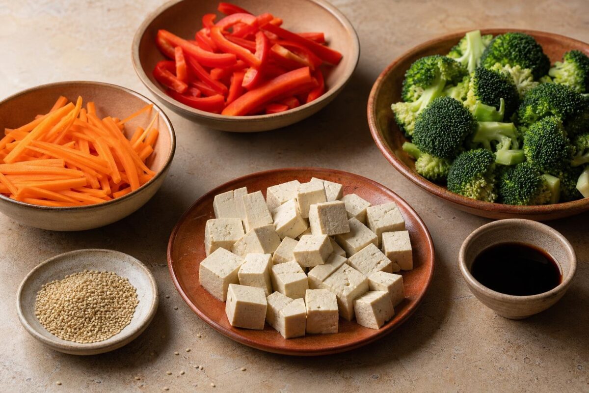 Zutaten- und Vorbereitungsansicht. Rezept: Gemüsepfanne mit Tofu und Sesam