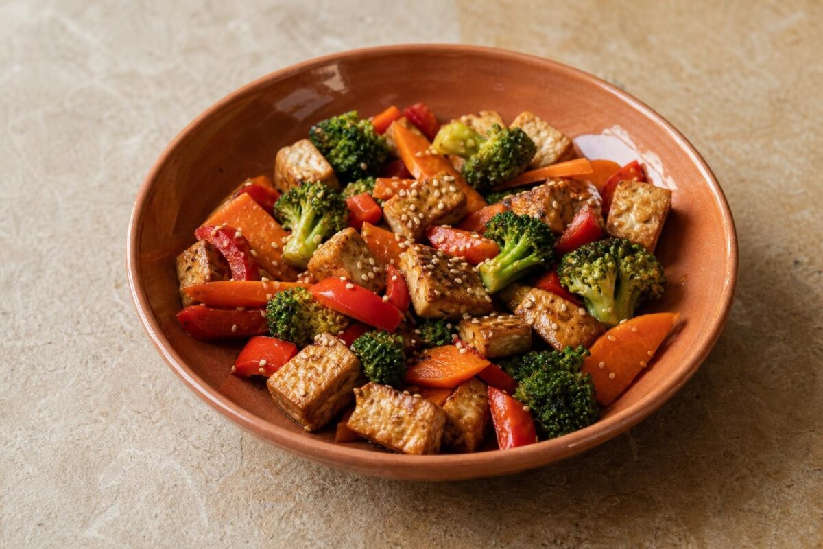 Fertiges Gericht aus einer alternativen Perspektive. Rezept: Gemüsepfanne mit Tofu und Sesam