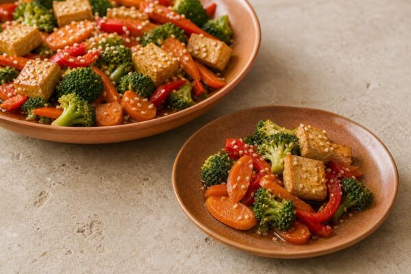 Servierszene mit dem fertigen Gericht. Rezept: Gemüsepfanne mit Tofu und Sesam