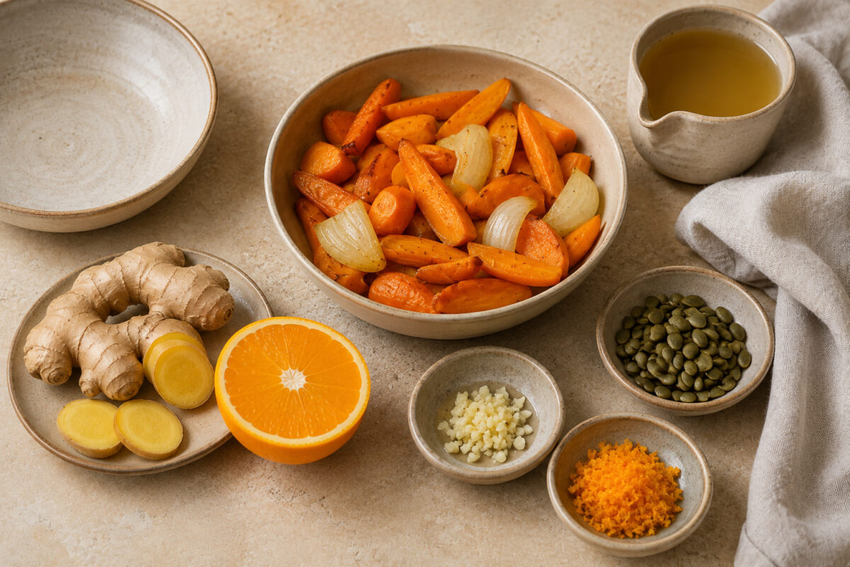 Zutaten-/Vorbereitungsansicht mit gerösteten Karotten, Zwiebel, Ingwer, Orange, Knoblauch, Kürbiskernen und Brühe/Öl