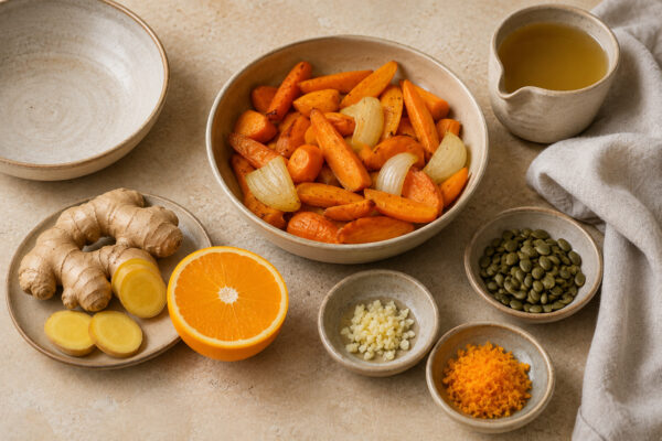 Zutaten-/Vorbereitungsansicht mit gerösteten Karotten, Zwiebel, Ingwer, Orange, Knoblauch, Kürbiskernen und Brühe/Öl