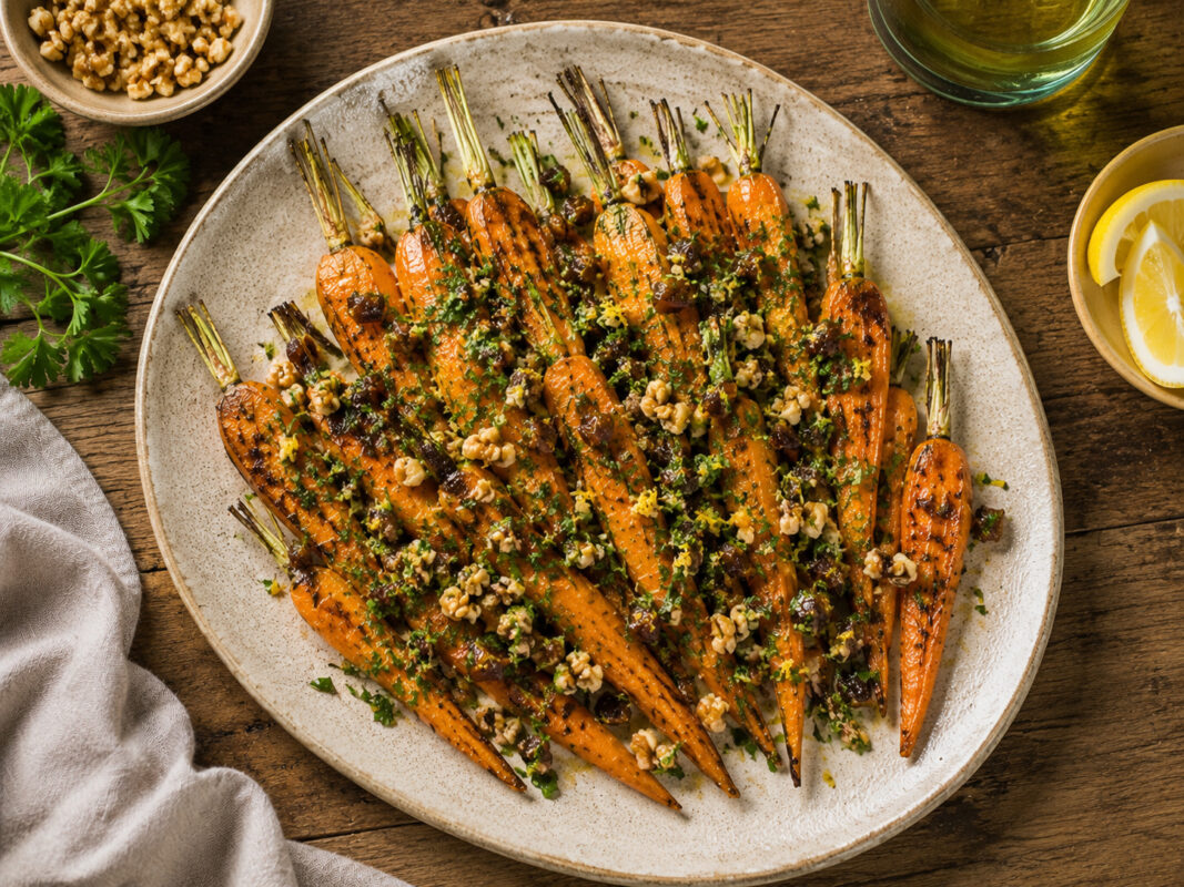 Draufsicht auf das fertig angerichtete Gericht auf derselben großen ovalen hellen Platte: geröstete Möhren mit Dattel-Walnuss-Gremolata, Petersilie und Zitronenzesten, in gleicher warmer natürlicher Foodfotografie und mit denselben Requisiten.