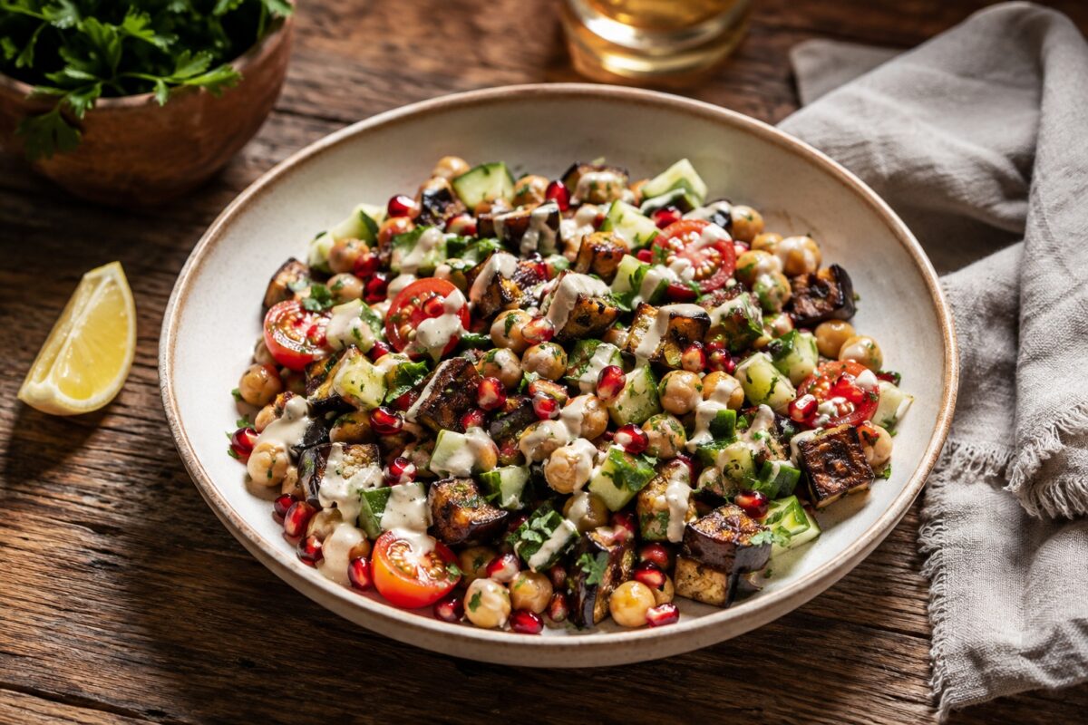 Große flache helle Keramikschale mit gerösteten Auberginenwürfeln, Kichererbsen, Gurke, Kirschtomaten, Granatapfel und Tahini-Dressing.