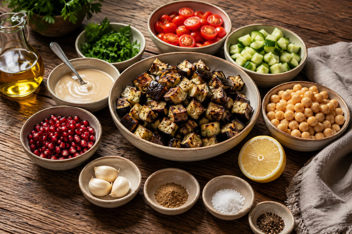 Zutaten- und Vorbereitungsansicht mit gerösteten Auberginenwürfeln, Kichererbsen, gewürfelter Gurke, halbierten Kirschtomaten, Granatapfelkernen, gehackter Petersilie, Tahini-Dressing, Zitronenhälfte, Knoblauch, Olivenöl sowie Kreuzkümmel, Salz und Pfeff…