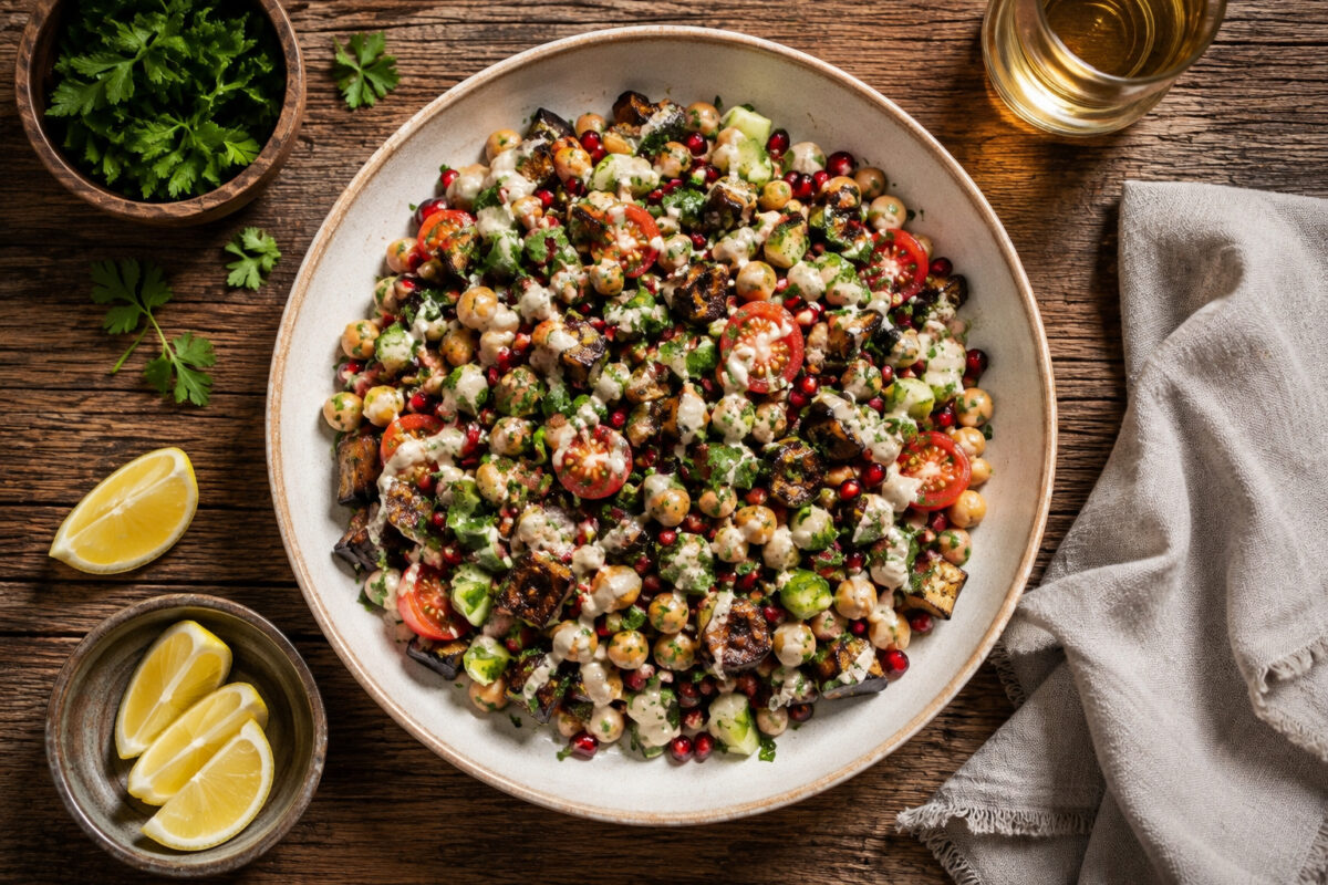 Draufsicht auf den fertigen gerösteten Auberginen-Kichererbsen-Salat in derselben großen flachen hellen Keramikschale; Auberginenwürfel, Kichererbsen, Gurke, Kirschtomaten, Granatapfel und Tahini-Dressing bleiben vollständig sichtbar.