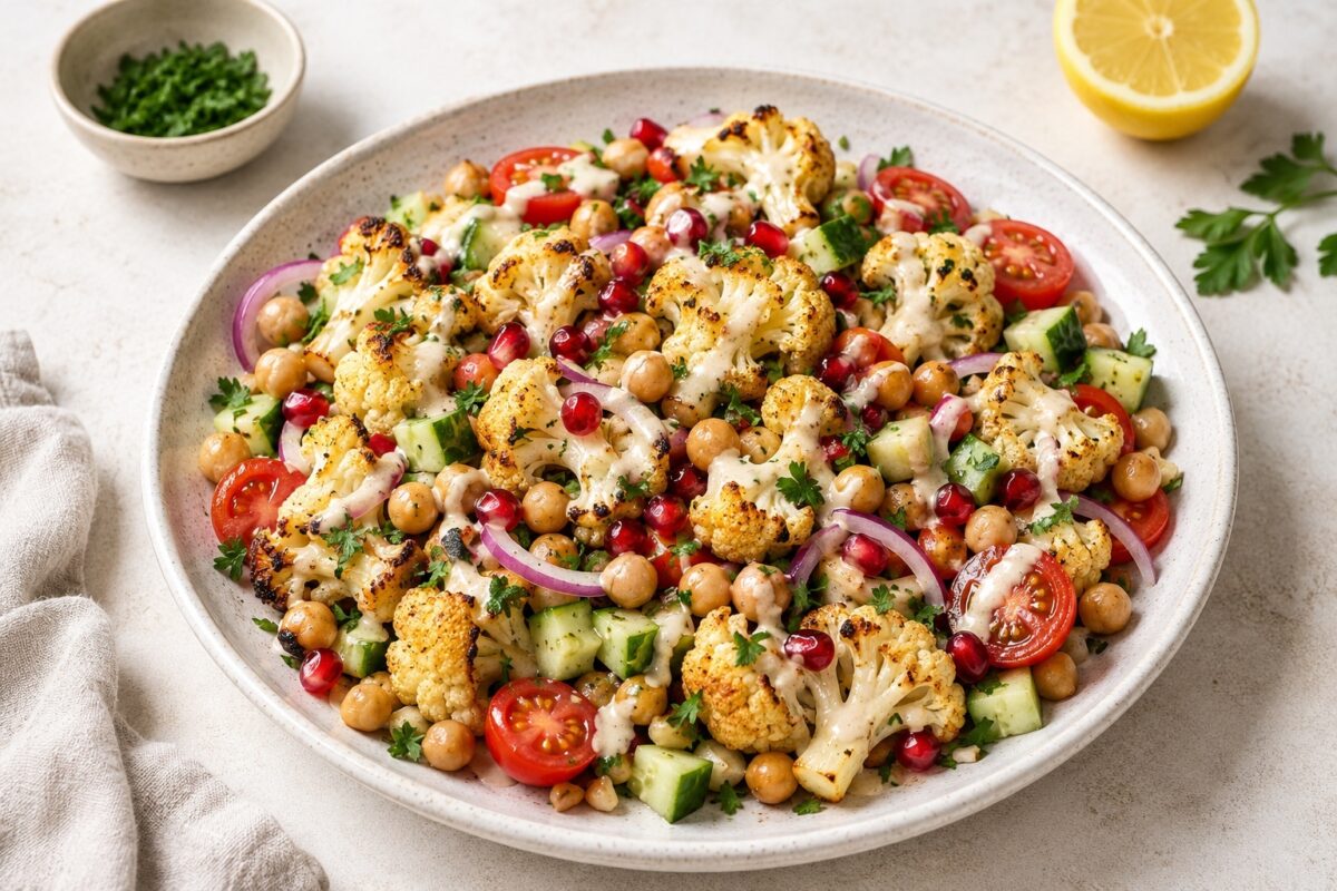 Hauptbild des fertig angerichteten Salats in der großen hellbeigen gesprenkelten Keramikschale mit geröstetem Blumenkohl, Kichererbsen, Gurke, Kirschtomaten, roten Zwiebelringen, Petersilie, Granatapfelkernen und Tahini-Zitronen-Dressing.