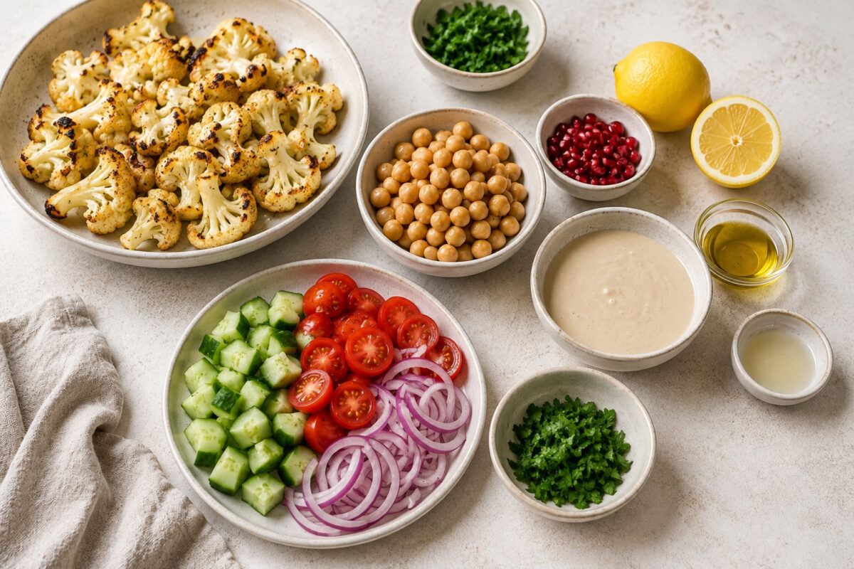 Zutaten- und Vorbereitungsansicht mit gerösteten Blumenkohlröschen, Kichererbsen, Gurkenwürfeln, halbierten Kirschtomaten, roten Zwiebelringen, Petersilie, Granatapfelkernen, Zitrone, Olivenöl und Tahini-Dressing in neutralen Schalen auf hellem Steinunte…