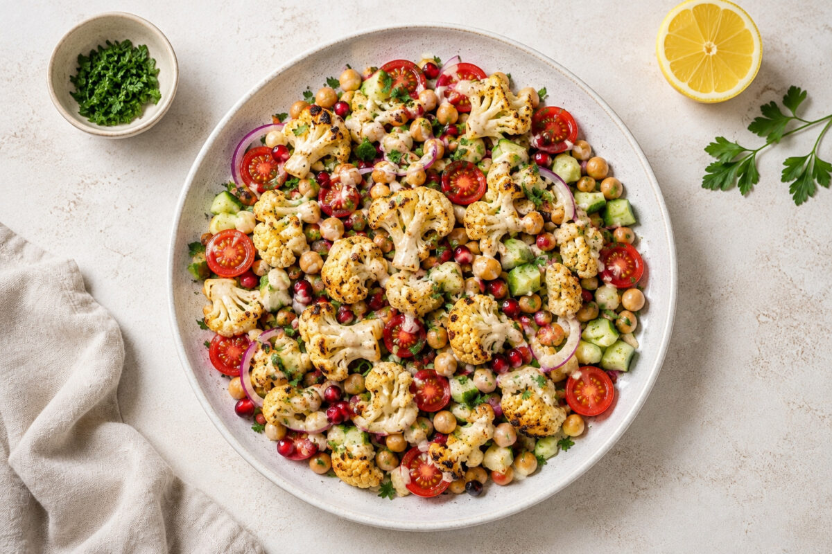 Fertiger Salat in derselben hellen Keramikschale in stärkerer Draufsicht, mit vollständiger Schale, gleichmäßiger Zutatenverteilung und hellem natürlichem Foodfoto-Stil.