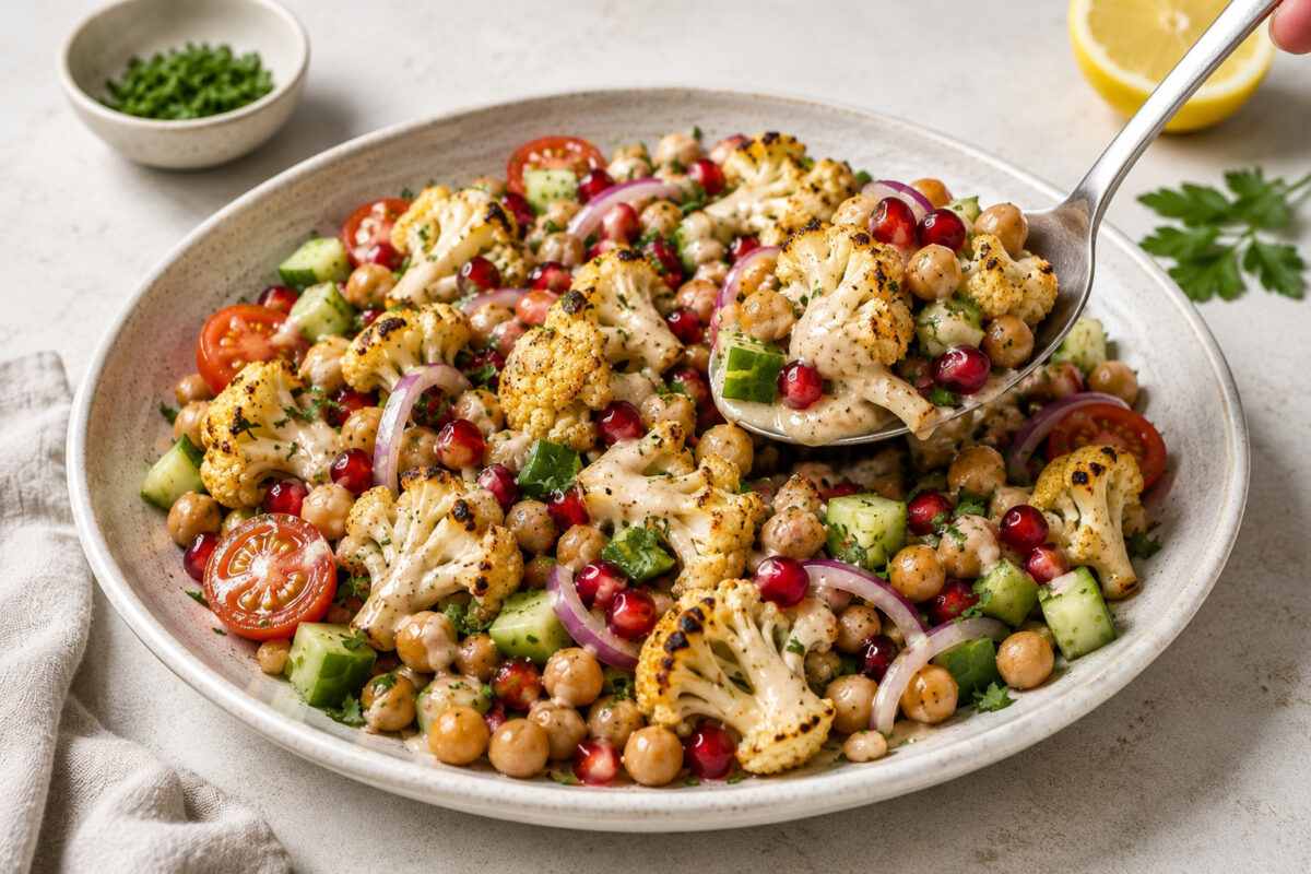 Fertiger Salat in derselben Keramikschale mit einer entnommenen Portion auf einem neutralen Servierlöffel; Blumenkohl, Kichererbsen, Gurke, Tomaten, rote Zwiebeln, Petersilie, Granatapfelkerne und Tahini-Dressing bleiben klar sichtbar.