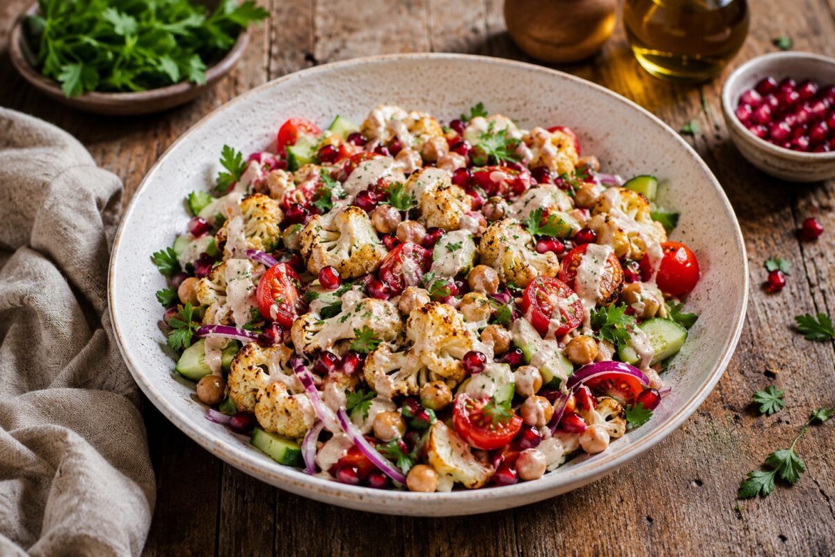 Große flache helle Keramikschale mit geröstetem Blumenkohl, Kichererbsen, Gurke, Kirschtomaten, roten Zwiebeln, Granatapfelkernen und Tahini-Dressing.