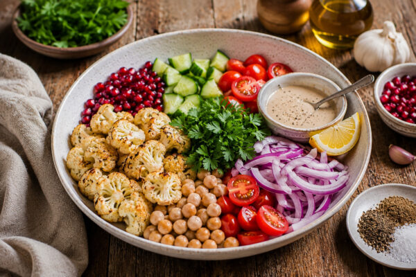 Zutaten- und Vorbereitungsansicht in derselben großen flachen hellen Keramikschale mit gerösteten Blumenkohlröschen, Kichererbsen, gewürfelter Gurke, halbierten Kirschtomaten, roten Zwiebelhalbringen, Granatapfelkernen, Petersilie, Tahini-Dressing, Zitro…