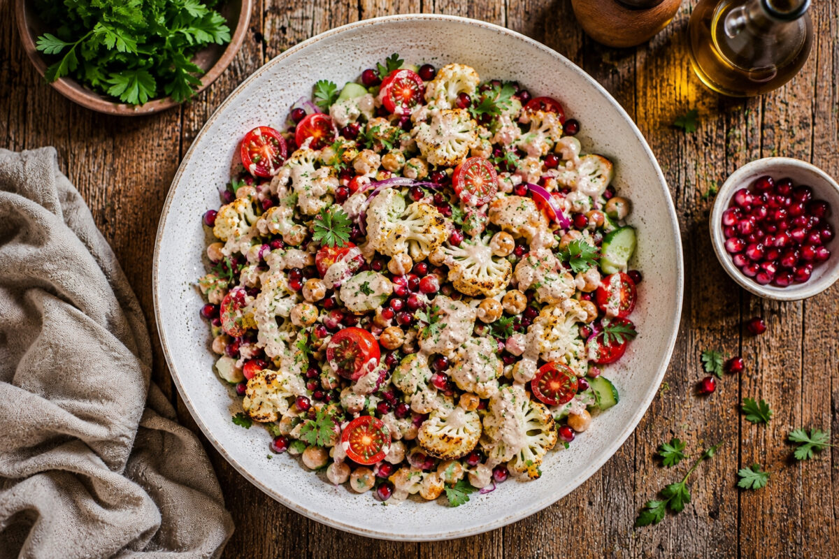 Draufsicht auf den fertigen gerösteten Blumenkohl-Kichererbsen-Salat mit Tahini in derselben großen flachen hellen Keramikschale; Blumenkohl, Kichererbsen, Gurke, Kirschtomaten, rote Zwiebeln, Granatapfelkerne und Tahini-Dressing bleiben vollständig sich…