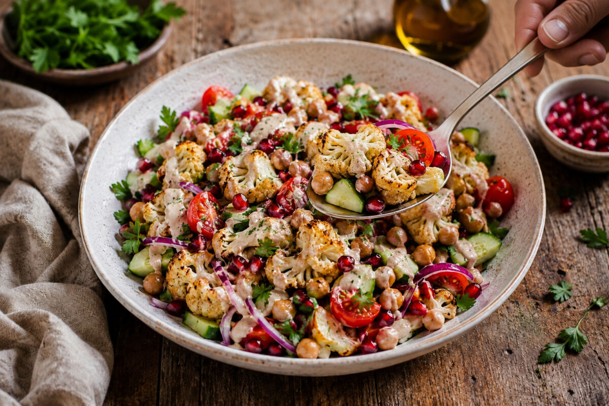 Serviersituation mit einer entnommenen Portion aus derselben großen flachen hellen Keramikschale; ein neutraler Servierlöffel hebt Blumenkohl, Kichererbsen, Gurke, Kirschtomate, rote Zwiebel, Granatapfelkerne und Tahini-Dressing an.
