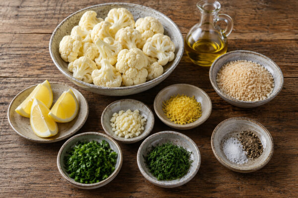 Zutaten- oder Vorbereitungsansicht mit Blumenkohlröschen, Olivenöl, Salz, schwarzem Pfeffer, Paniermehl, Knoblauch, Zitronenabrieb, Zitronensaft, Petersilie und Dill.