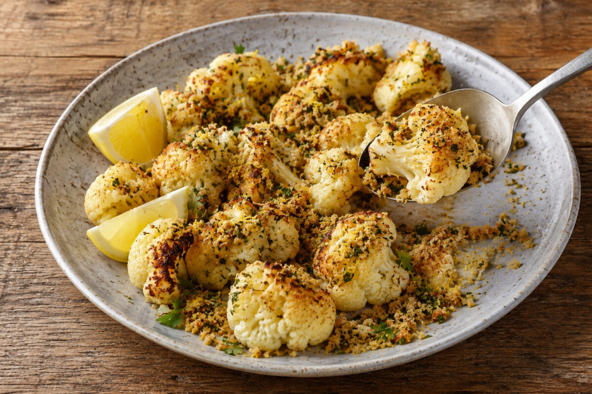 Servierszene des gerösteten Blumenkohls mit Zitronen-Kräuter-Bröseln und entnommener Portion auf einem Löffel.