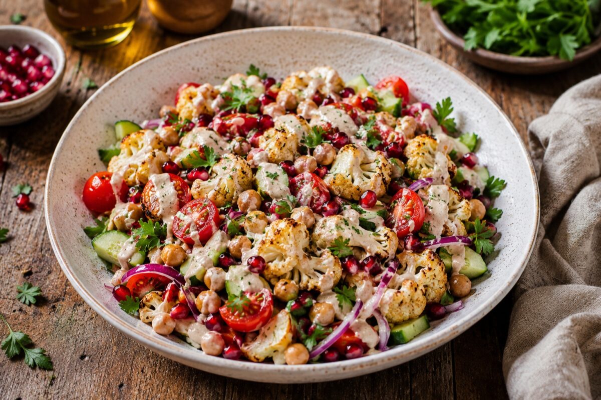Flache Keramikschale mit geröstetem Blumenkohl, Kichererbsen, Gurke, Kirschtomaten, roten Zwiebeln, Petersilie, Granatapfel und hellem Tahini-Dressing.