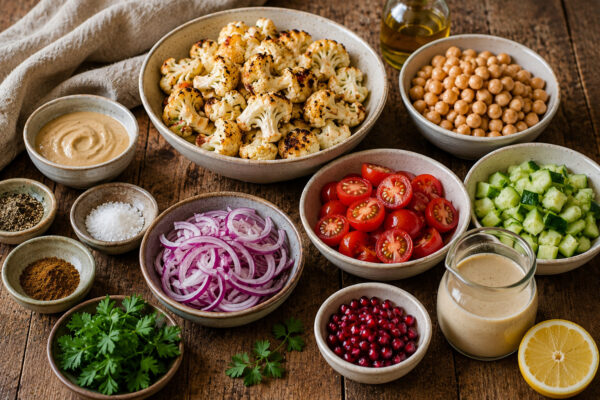 Zutaten- und Vorbereitungsansicht mit gerösteten Blumenkohlröschen, Kichererbsen, gewürfelter Gurke, halbierten Kirschtomaten, roten Zwiebelringen, Petersilie, Granatapfelkernen, Tahini-Zitronen-Dressing, Zitrone, Olivenöl und Gewürzen in neutralen Schal…