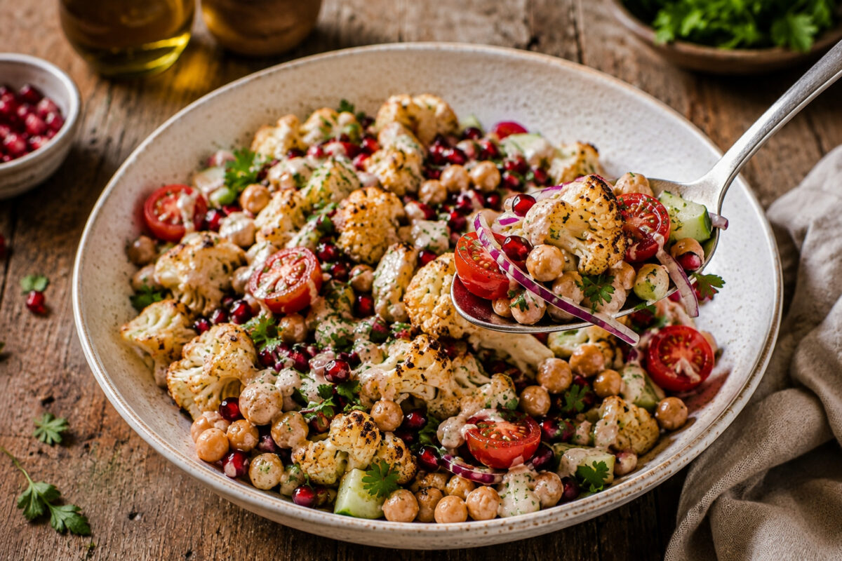 Serviersituation mit einer Löffelportion aus derselben Keramikschale; der Löffel zeigt gerösteten Blumenkohl, Kichererbsen, Gurke, Kirschtomaten, rote Zwiebeln, Granatapfelkerne und Tahini-Dressing.