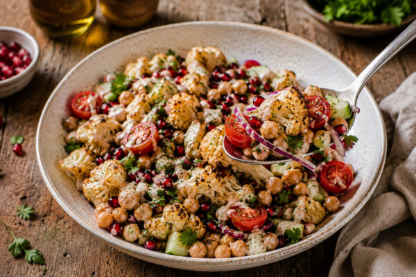 Serviersituation mit einer Löffelportion aus derselben Keramikschale; der Löffel zeigt gerösteten Blumenkohl, Kichererbsen, Gurke, Kirschtomaten, rote Zwiebeln, Granatapfelkerne und Tahini-Dressing.