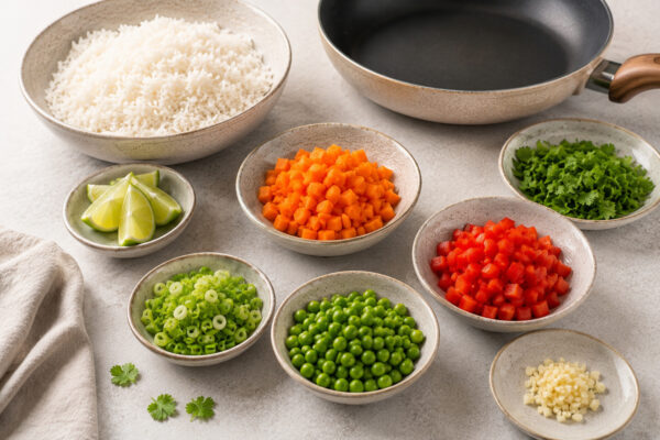 Zutaten- und Vorbereitungsansicht mit gekochtem Reis, Karotten, roter Paprika, Erbsen, Frühlingszwiebeln, Koriander, Limette und Knoblauch.