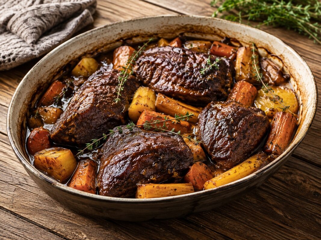 Große Ofenform mit dunklen Rinderbäckchen in brauner Sauce, umgeben von Karotten, Pastinaken und Kartoffelstücken.