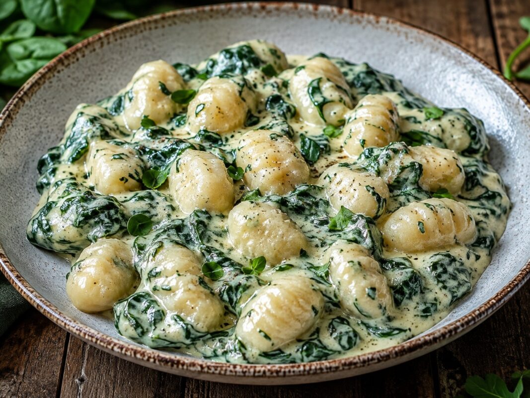 Zarte Gnocchi in hellgrüner Spinat-Sahne-Sauce.