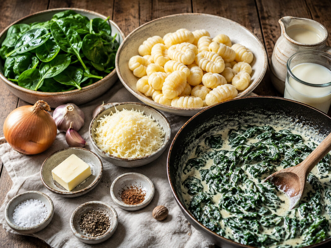 Zutaten- und Vorbereitungsansicht mit Gnocchi, Blattspinat, Zwiebel, Knoblauch, Sahne, Milch, Butter, geriebenem Hartkäse und Gewürzen für die Spinatsauce.