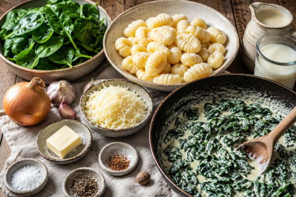 Zutaten- und Vorbereitungsansicht mit Gnocchi, Blattspinat, Zwiebel, Knoblauch, Sahne, Milch, Butter, geriebenem Hartkäse und Gewürzen für die Spinatsauce.