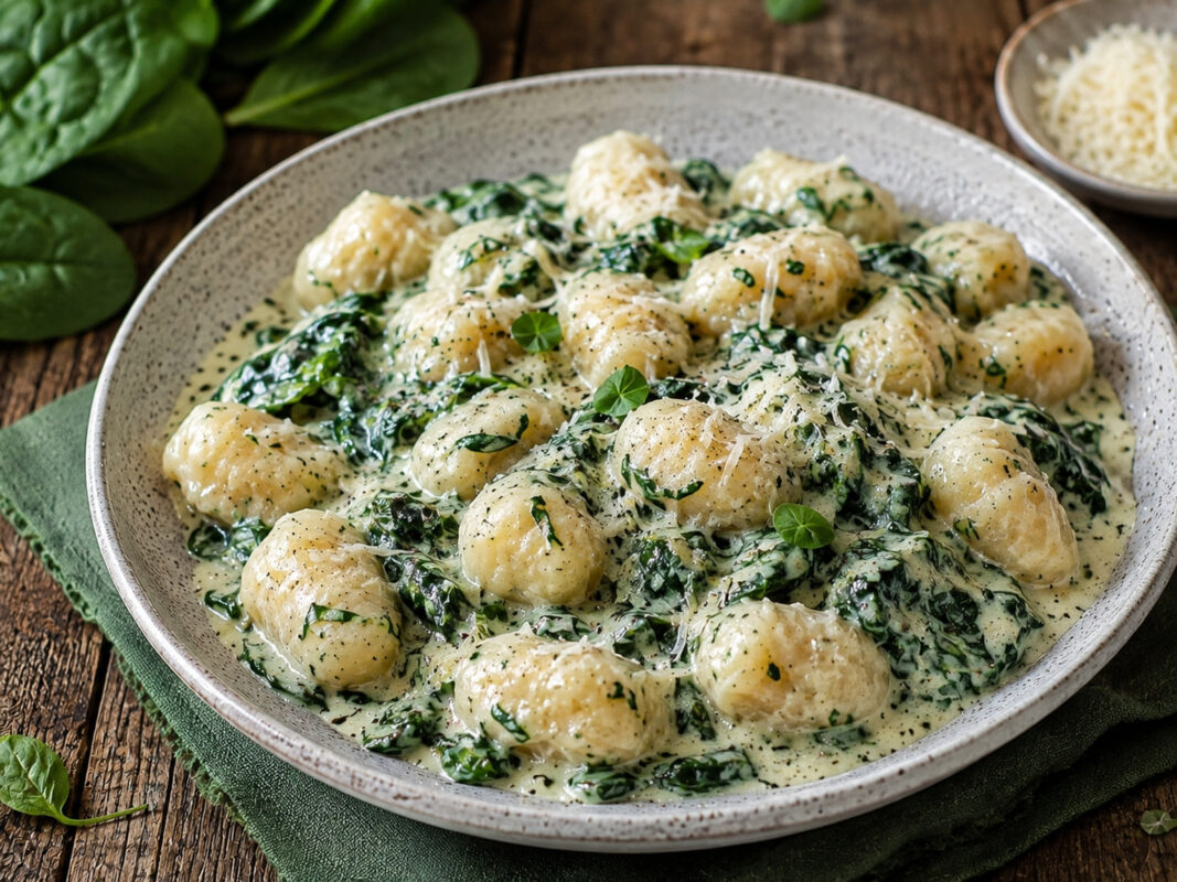 Fertiges Gericht aus anderer Perspektive: Gnocchi in cremiger Spinat-Sahne-Sauce mit geriebenem Käse und feiner Garnitur.