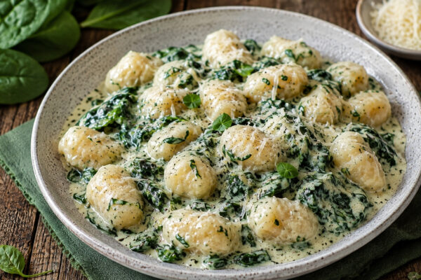 Fertiges Gericht aus anderer Perspektive: Gnocchi in cremiger Spinat-Sahne-Sauce mit geriebenem Käse und feiner Garnitur.