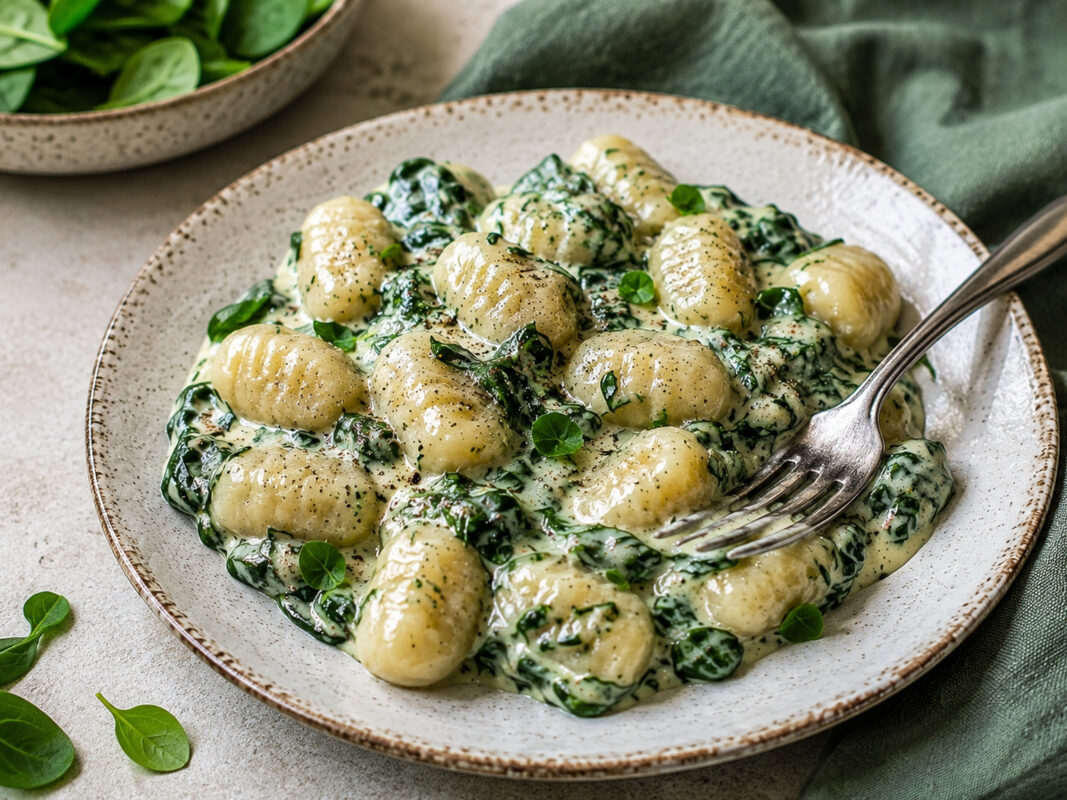 Alternative Servier- und Detailansicht von Gnocchi in hellgrüner Spinat-Sahne-Sauce mit Fokus auf Sauce, Gnocchi und Spinatstruktur.