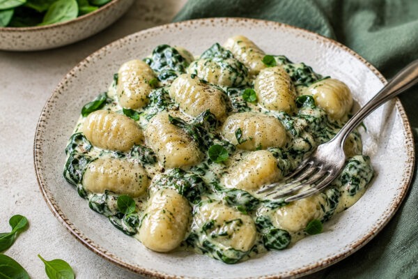 Alternative Servier- und Detailansicht von Gnocchi in hellgrüner Spinat-Sahne-Sauce mit Fokus auf Sauce, Gnocchi und Spinatstruktur.