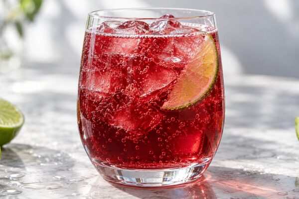 Granatapfel-Limetten-Spritz: Fertiges Getränk als zentrales Hauptmotiv.