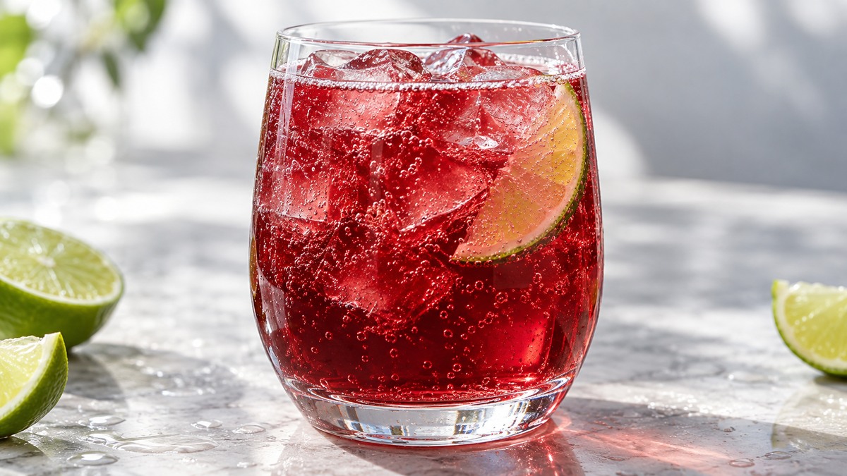 Granatapfel-Limetten-Spritz: Fertiges Getränk als zentrales Hauptmotiv.