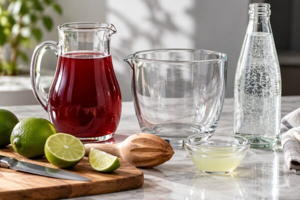 Granatapfel-Limetten-Spritz: Verwendete Zutaten und nachvollziehbare Vorbereitung.