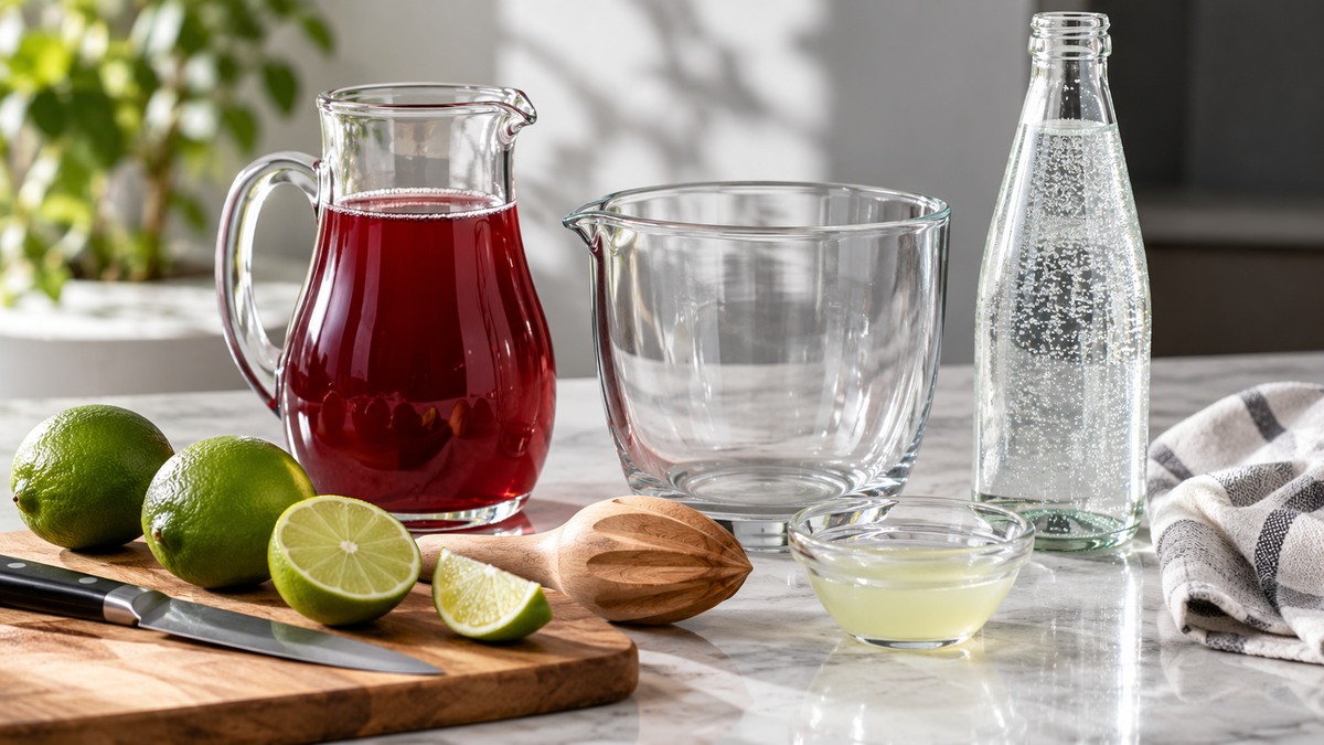 Granatapfel-Limetten-Spritz: Verwendete Zutaten und nachvollziehbare Vorbereitung.